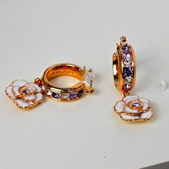 Guess Elegant Gold Tone Tan Enamel Purple Stones  Floral Hoop Earrings - Picture 2 of 16